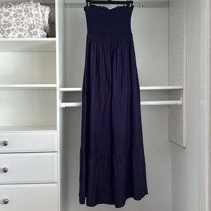 Navy mid-length strapless dress